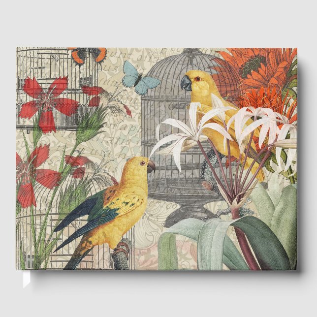 Parrot Yellow Tropical Antique Flower  Guest Book (Front)