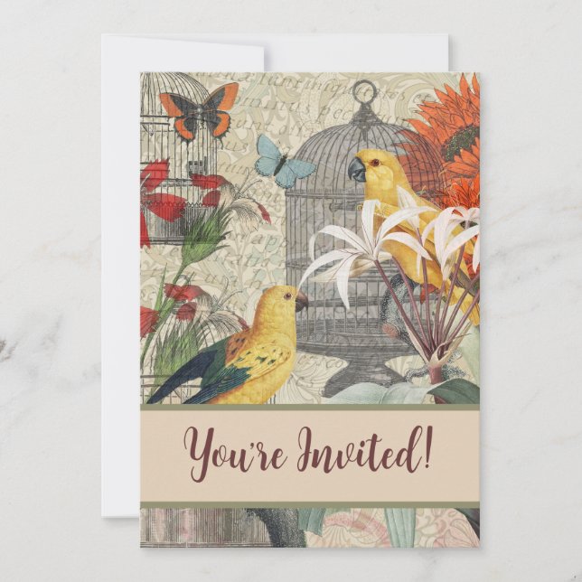 Parrot Yellow Tropical Antique Flower  Invitation (Front)