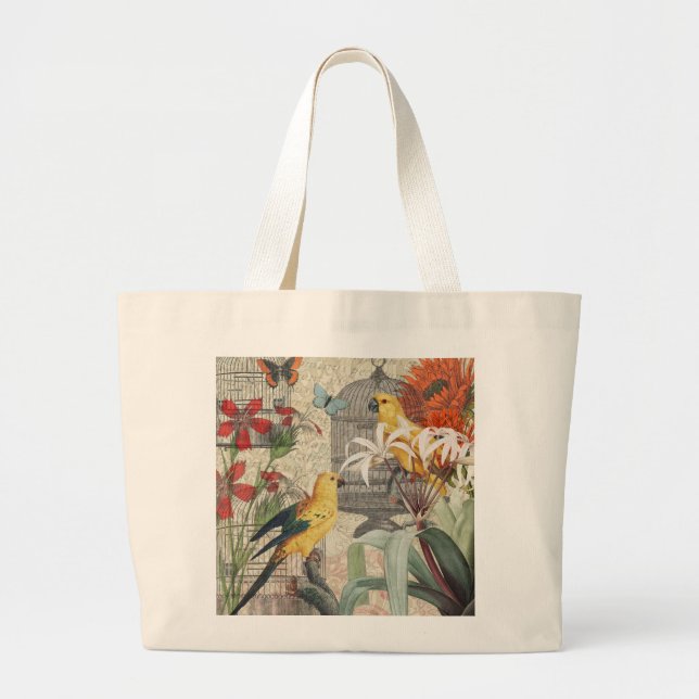 Parrot Yellow Tropical Antique Flower  Large Tote Bag (Front)