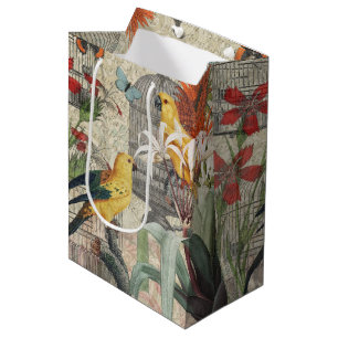 Parrot Yellow Tropical Antique Flower  Medium Gift Bag