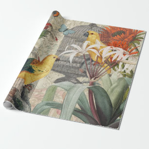 Parrot Yellow Tropical Antique Flower  Wrapping Paper