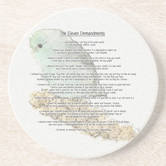 Parrotlets' Eleven Demandments Coaster (Front)