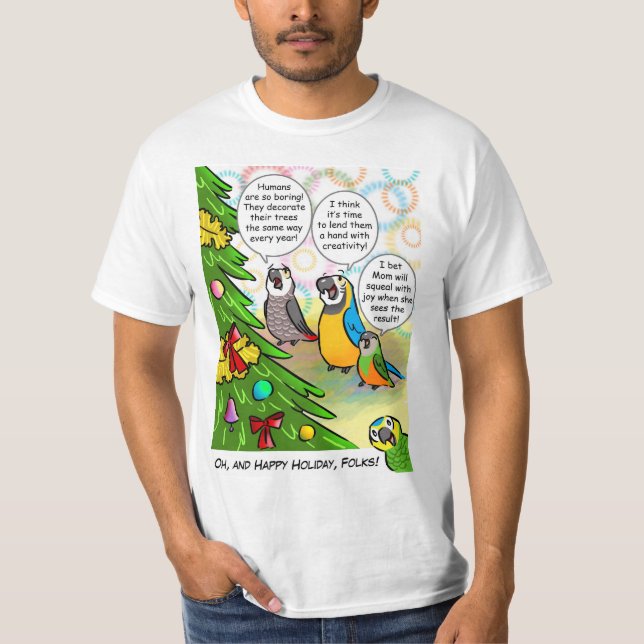 Parrots and Christmas tree T-Shirt (Front)