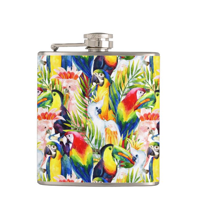 Parrots And Palm Leaves Hip Flask (Front)