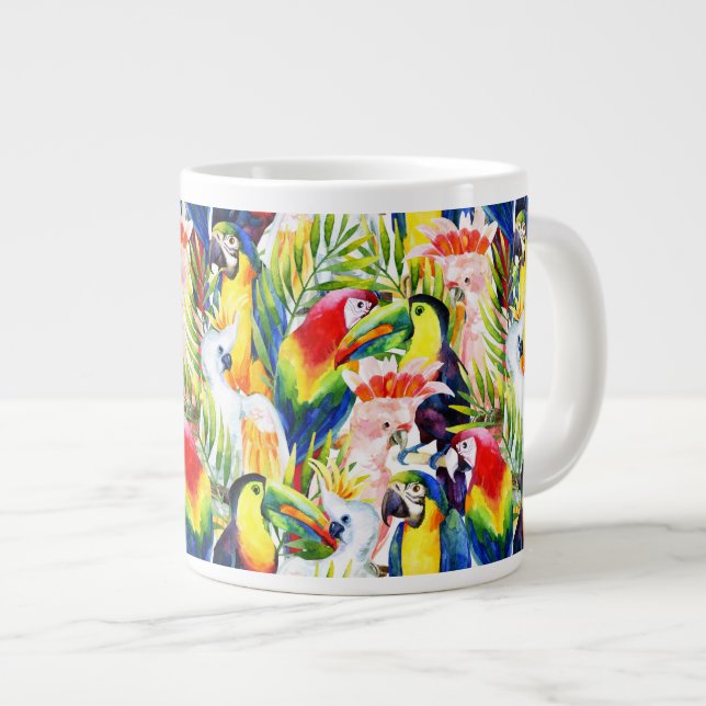 Parrots And Palm Leaves Large Coffee Mug (Front Right)