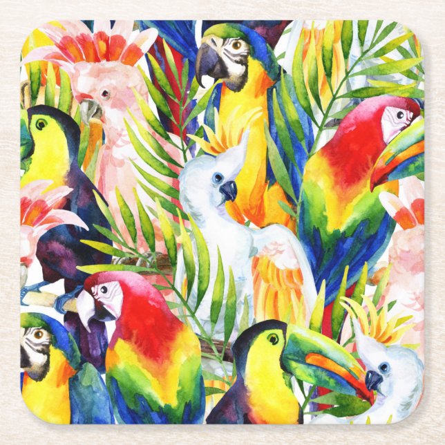 Parrots And Palm Leaves Square Paper Coaster (Front)