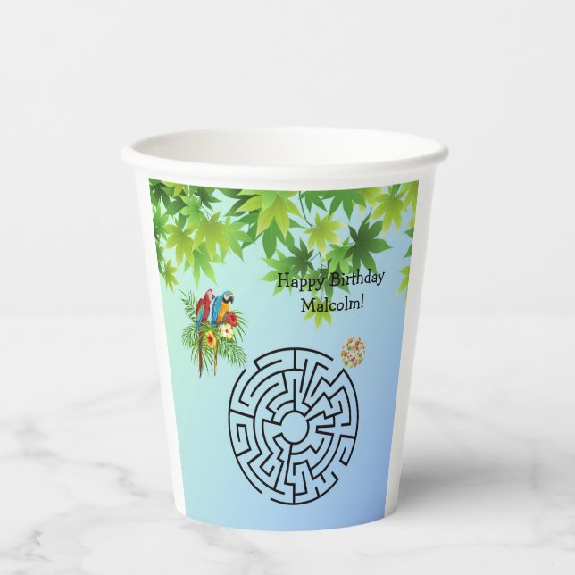 Parrots and Seeds maze on birthday paper cups (Front)