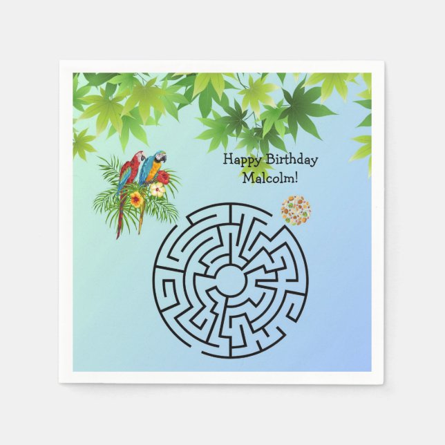 Parrots and Seeds maze on birthday paper napkins (Front)