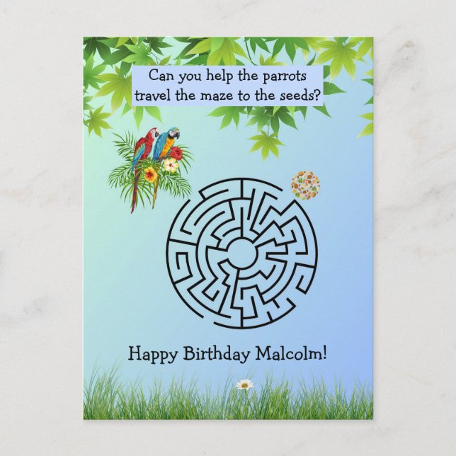 Parrots and Seeds maze on birthday postcards (Front)