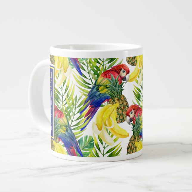Parrots And Tropical Fruit | Add Your Name Large Coffee Mug (Front Left)