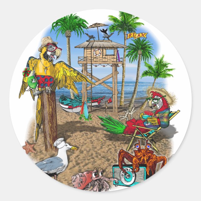 Parrots Beach Party Classic Round Sticker (Front)