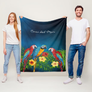 Parrots birds blue sky leaves summer home name fleece blanket