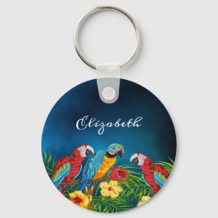 Parrots birds blue sky palm leaves name key ring
