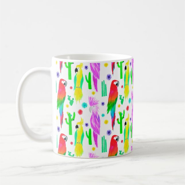 Parrots colorful seamless hand drawn pattern coffee mug (Left)