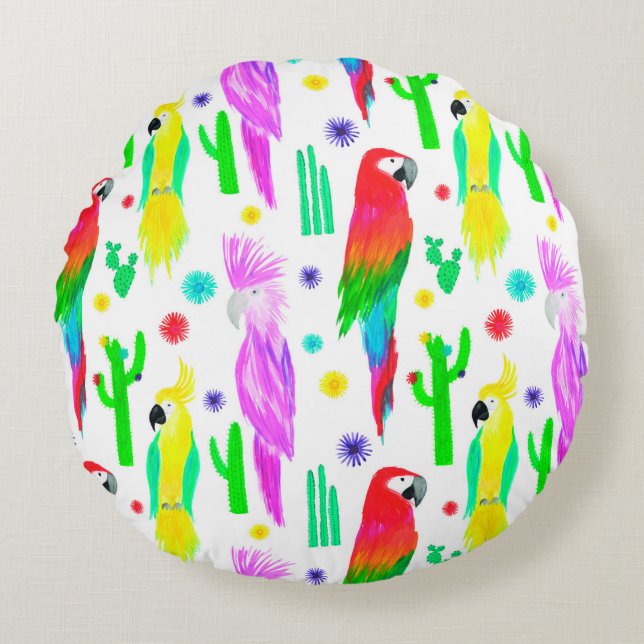 Parrots colourful seamless hand drawn pattern round cushion (Front)