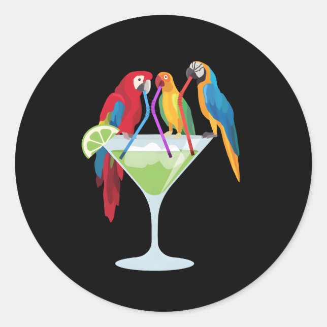 Parrots Drinking Margarita Tropical Vacation Hawai Classic Round Sticker (Front)
