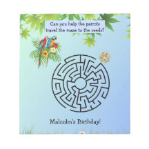 Parrots find Seeds maze on birthday notepads