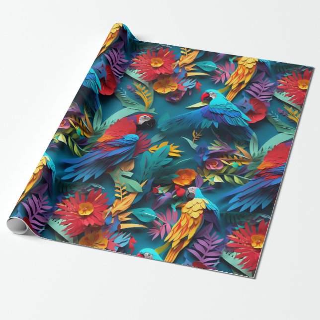 Parrots Floral Kirigami Wrapping Paper (Unrolled)