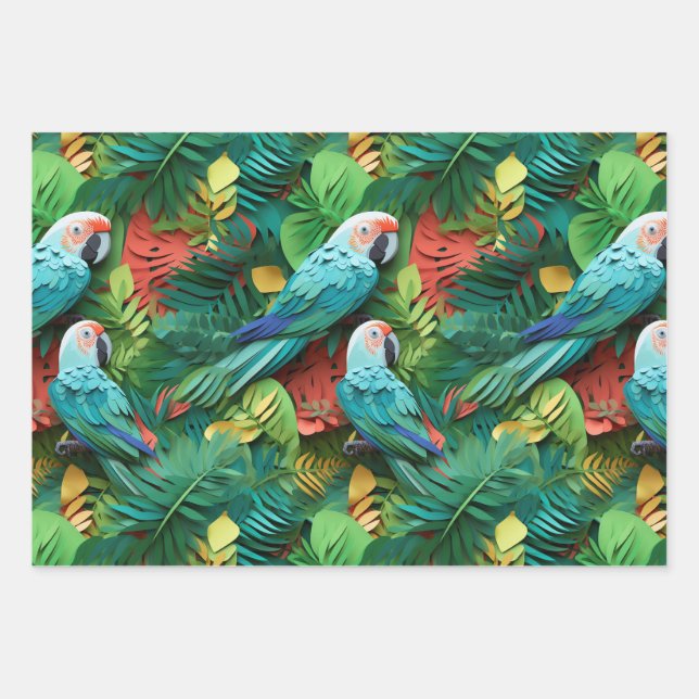 Parrots Floral Kirigami Wrapping Paper Sheet (Front)