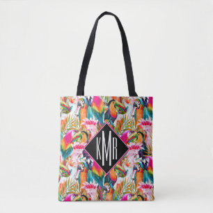 Parrots & Palm Leaves Monogram Tote Bag