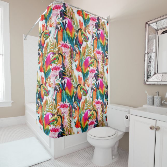 Parrots & Palm Leaves Shower Curtain (In Situ)
