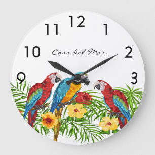 Parrots palm tree summer house name large clock