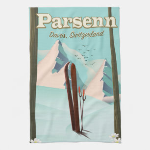 Parsenn Switzerland ski travel poster. Tea Towel