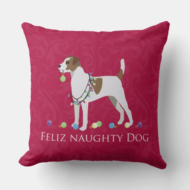 Parson Russell Terrier Feliz Naughty Dog Christmas Cushion (Front)