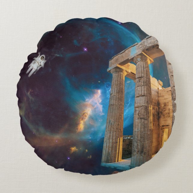 Parthenon Acropolis Greece Meets Space Round Cushion (Front)