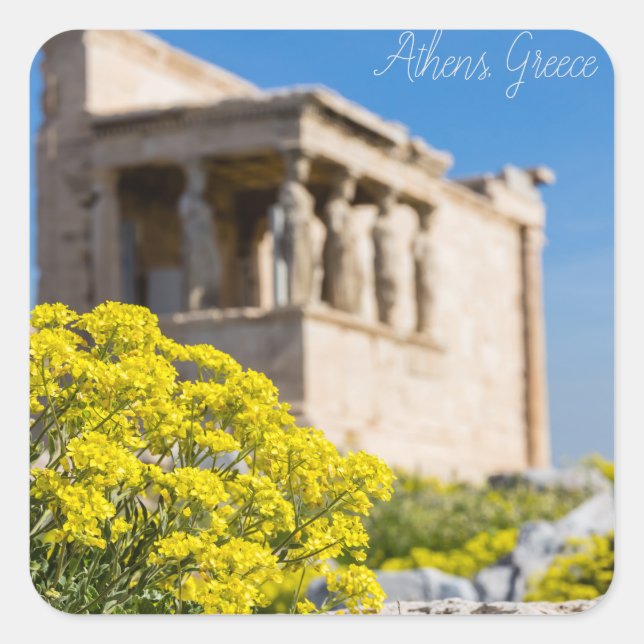 Parthenon temple with spring flowers square sticker (Front)