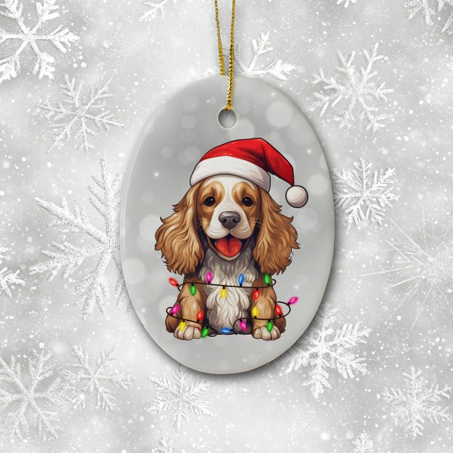 Parti Cocker Spaniel Wrapped in Christmas Lights  Ceramic Ornament (Creator Uploaded)