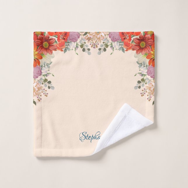Partial Floral Border on Pale Orange Background Wa Wash Cloth (Wash Cloth)