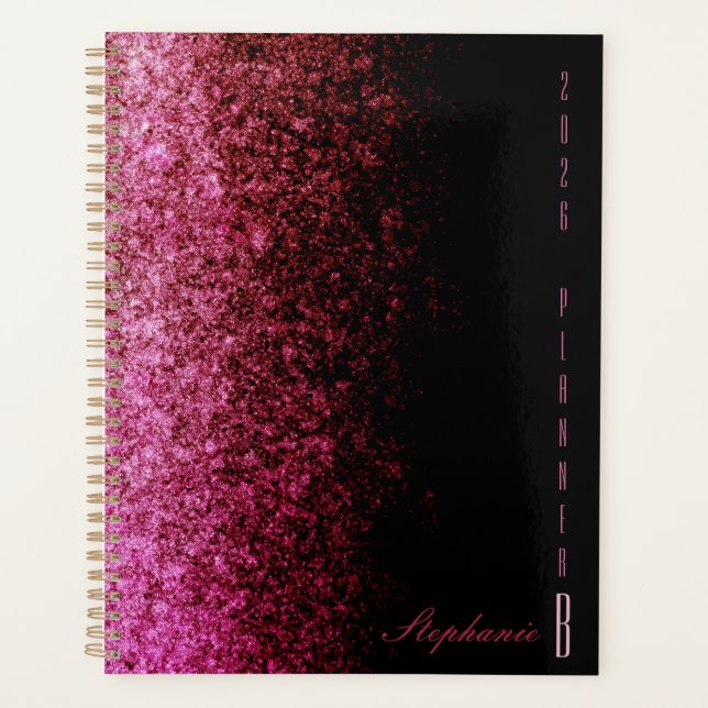 Partial pink glitter gradient and black chic 2026 planner (Front)