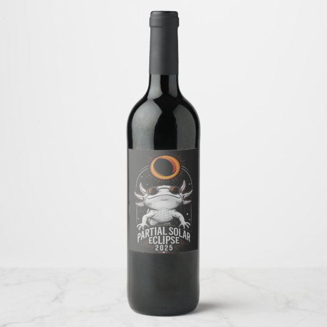 Partial Solar Eclipse 2025 Axolotl Amphibian  Wine Label (Front)