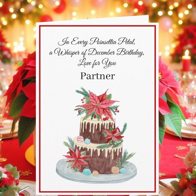 Partner December Birthday Cake Poinsettias  Card (Creator Uploaded)