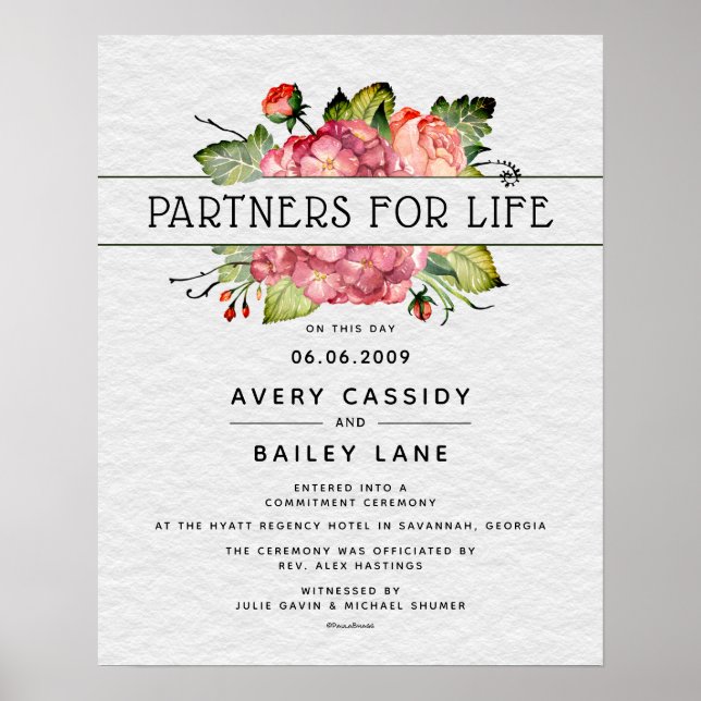 Partners For Life Floral Banner WeddingCertificate Poster (Front)
