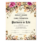"Partners For Life" Floral Wedding Certificate
