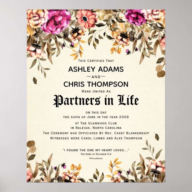 "Partners For Life" Floral Wedding Certificate Poster (Front)