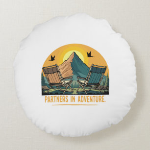 Partners in Adventure Retro Mountain Camping Round Cushion