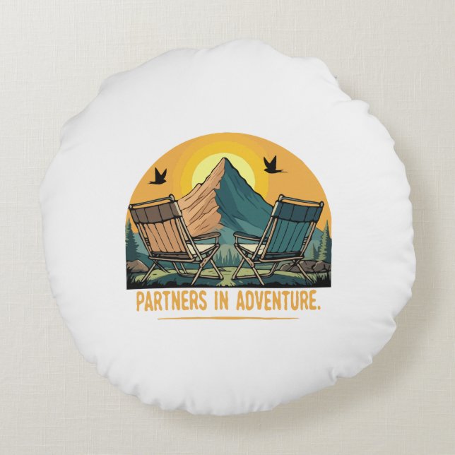  Partners in Adventure | Retro Mountain Camping  Round Cushion (Back)