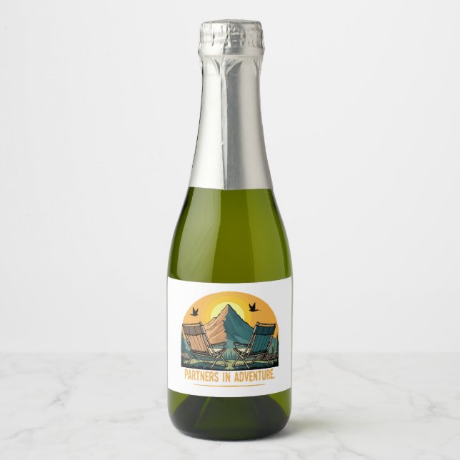  Partners in Adventure | Retro Mountain Camping  Sparkling Wine Label (Front)