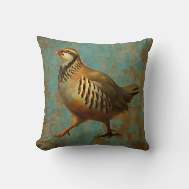 Partridge against blue / gold background cushion (Front)