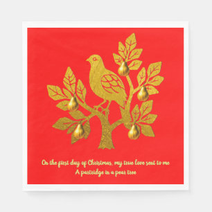 Partridge In A Pear Tree Bright Red Gold Christmas Napkin