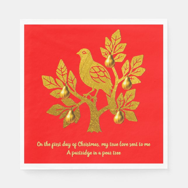Partridge In A Pear Tree Bright Red Gold Christmas Napkin (Front)