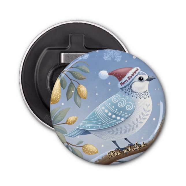 Partridge In A Pear Tree Button Bottle Opener (Front)