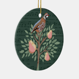 Partridge in a pear tree Christmas Carole on green Ceramic Ornament