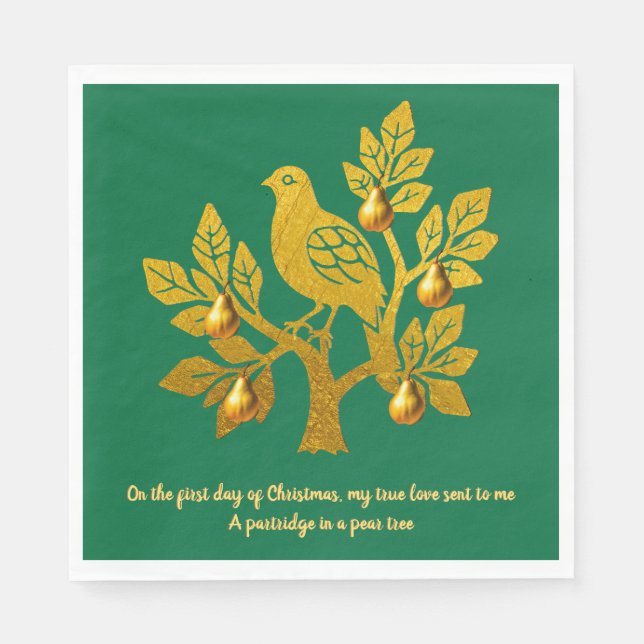 Partridge In A Pear Tree Green Gold Christmas Napkin (Front)
