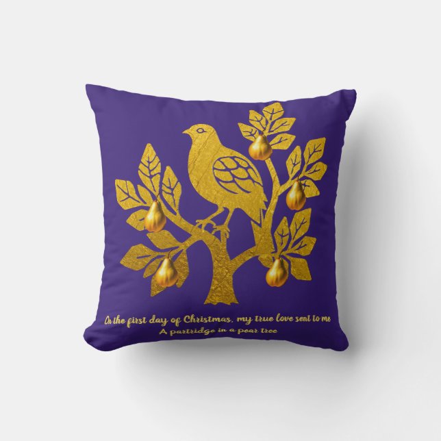 Partridge In A Pear Tree Purple Gold Christmas Cushion (Front)