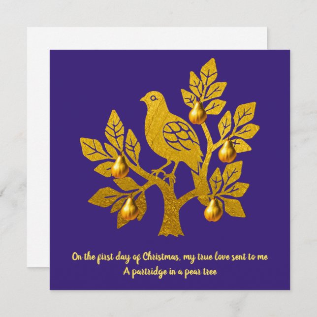 Partridge In A Pear Tree Purple Gold Christmas Holiday Card (Front/Back)