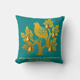 Partridge In A Pear Tree Teal Blue Merry Christmas Cushion